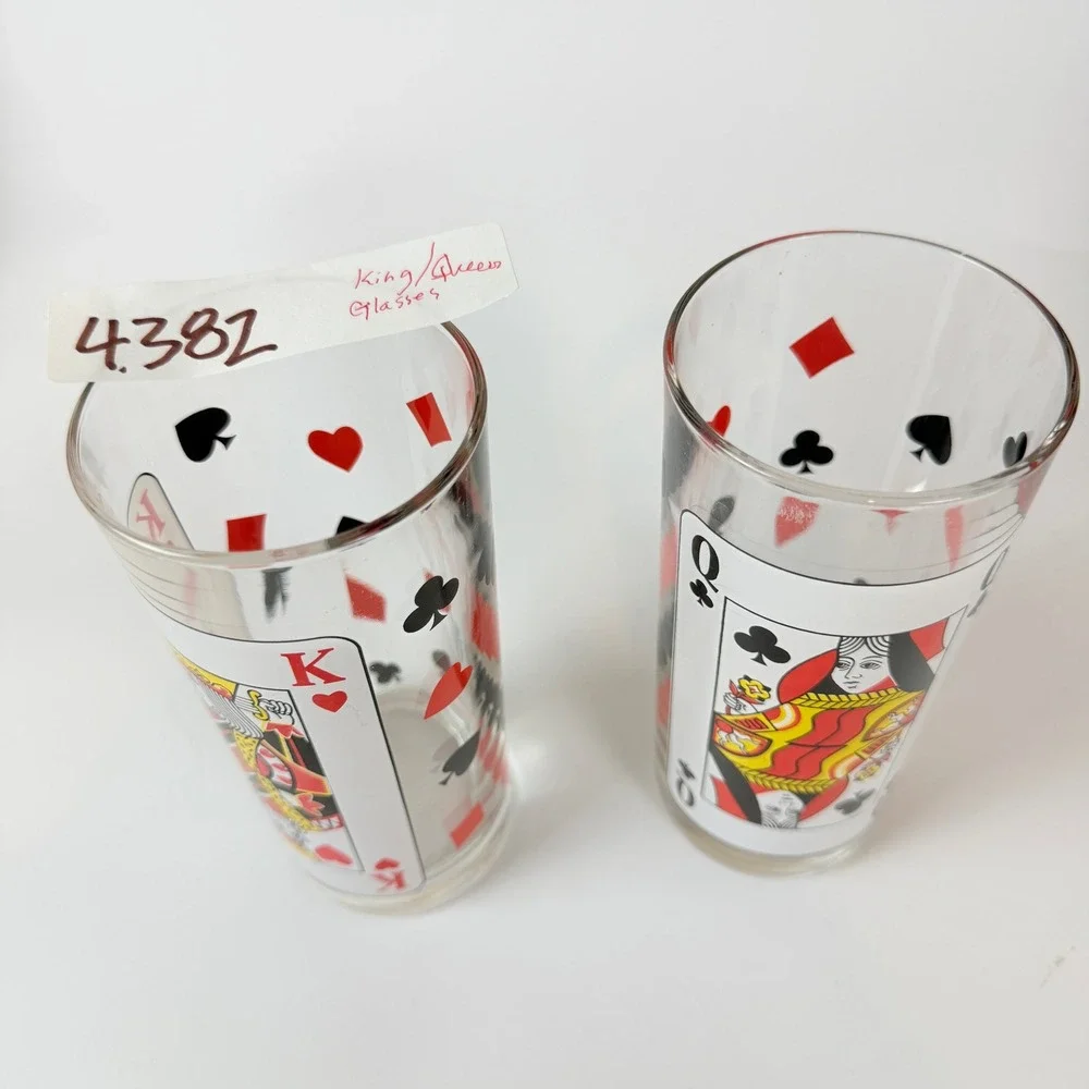 Playing‎ Card Highball Glasses Italy set of 2 King Hearts Queen Clubs 2pc 4382